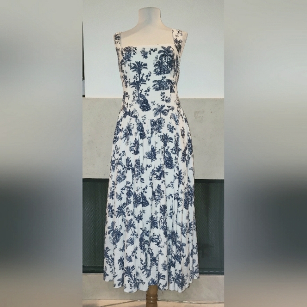 Caroline Constas Linen Midi Dress Open Back Floral Blue White Etoile Birds
